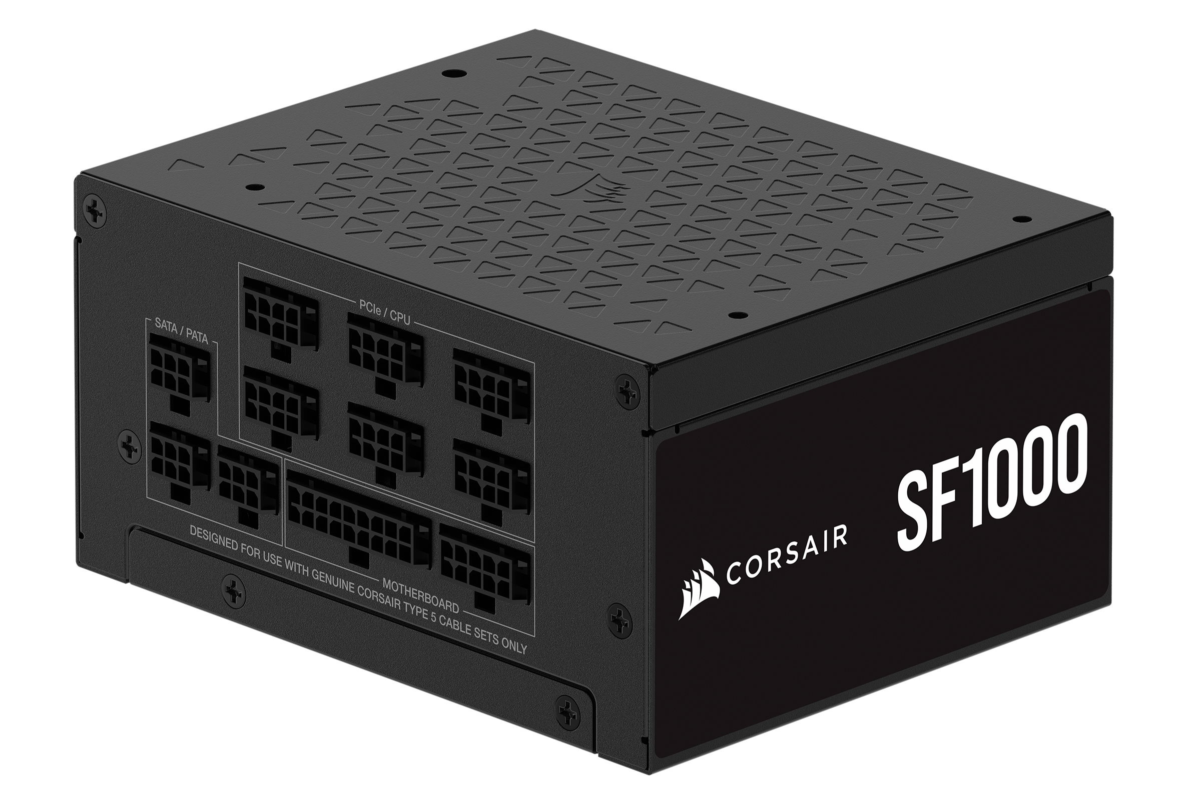 A Corsair SF 750 power supply unit with an 80 plus platinum rating and ZERO RPM, described as small form factor.